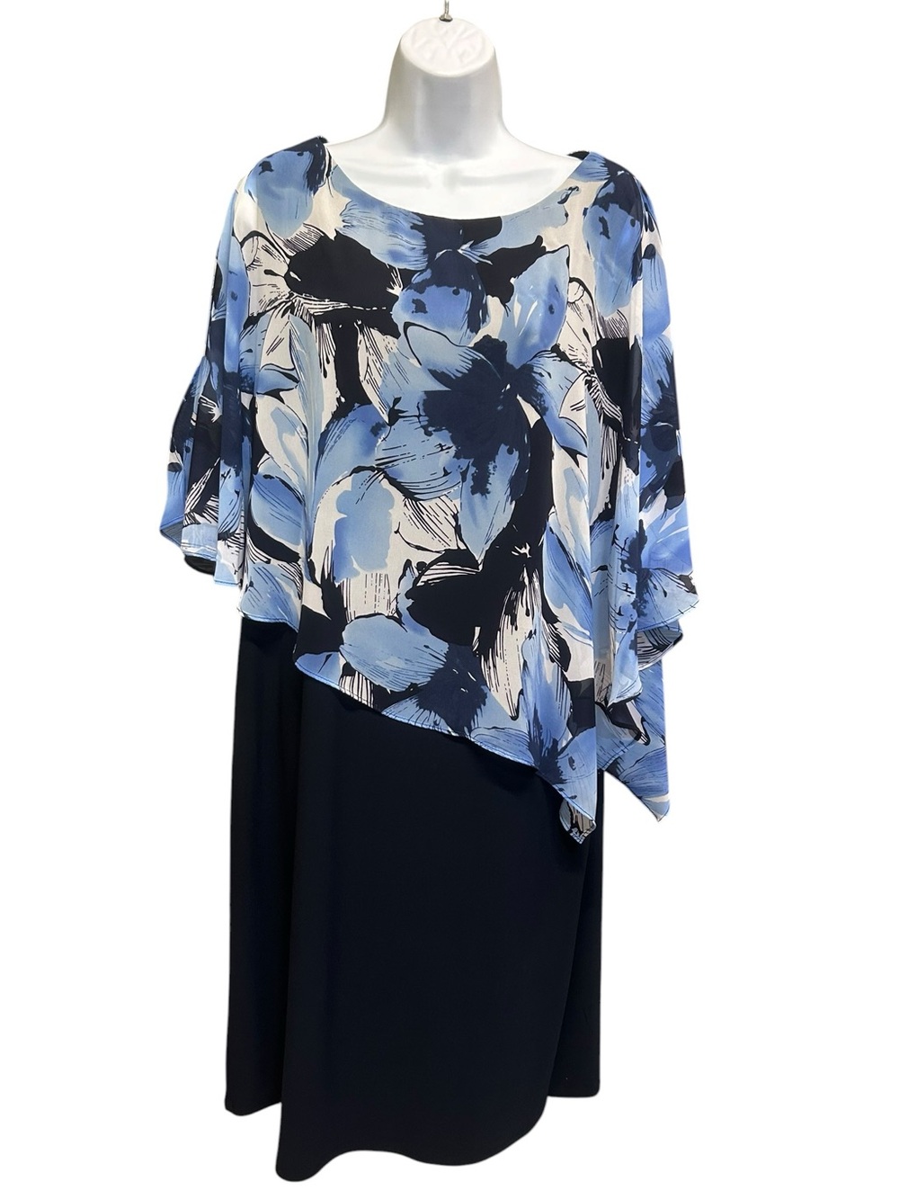 TanJay Floral Chiffon Overlay Mock 2-Piece Sheath Blue Black Dress Size 14